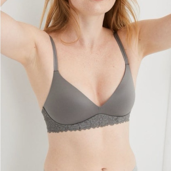 NWT AERIE Real Sunnie Wireless push up bra in grey size 32DD / 32E flower lace - Picture 2 of 9